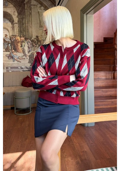Madmext Bordo Baklava Desenli Bisiklet Yaka Kadın Hırka Mg2496 Bordo
