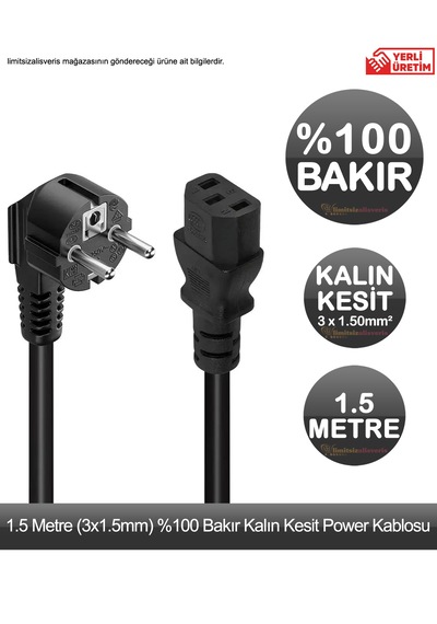 %100 Bakır 3 X 1.50mm2 Kalın Kesit 1.5 Metre Bilgisayar Kasa Güç Kablosu Pc Power Kablosu Yerli Üretim
