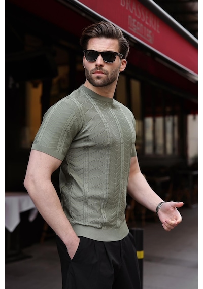 Haki Bisiklet Yaka Slim Fit Triko Erkek Tişört E7466