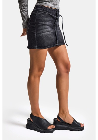 Kadın Koyu Füme 2s6-1 Straight Fit Kemer Detaylı Elastan Mini Denim Etek
