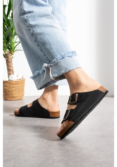 Stwenn Çift Tokalı Ortopedik Taban Terlik Unisex Günlük Rahat Kaymaz Taban Yazlık Sandalet Siyah