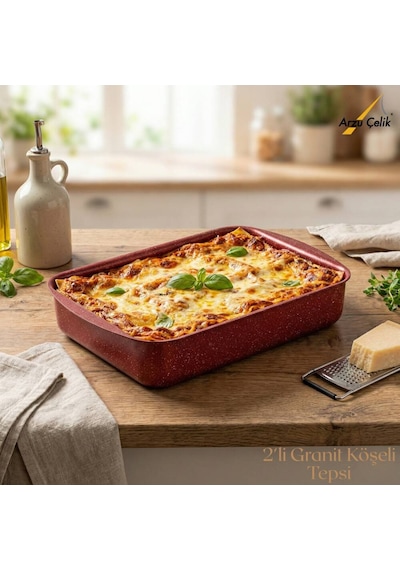 2li Granit Köşeli Tepsi Seti - Kırmızı Kırmızı