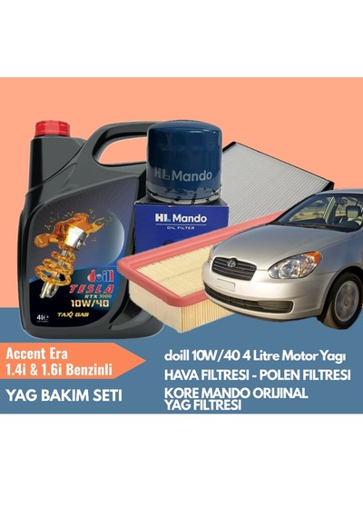 Accent Era 1.4i & 1.6i Periyodik Bakım Seti Doill 10w40 4l Motor Yağı  Kore Mando Yağ Filtresi Yerli Hava & Polen Filtresi Yağ Bakım Paketi
