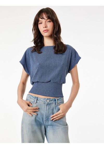 Koton Viskon Karışımlı Bürümcük Bisiklet Yaka Kısa Kollu Crop Bluz Lacivert 6sal60036ık