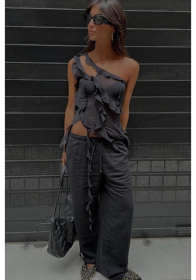 Madmext Siyah Beli Büzgülü Wide Leg Kumaş Pantolon Mg1950-siyah Siyah