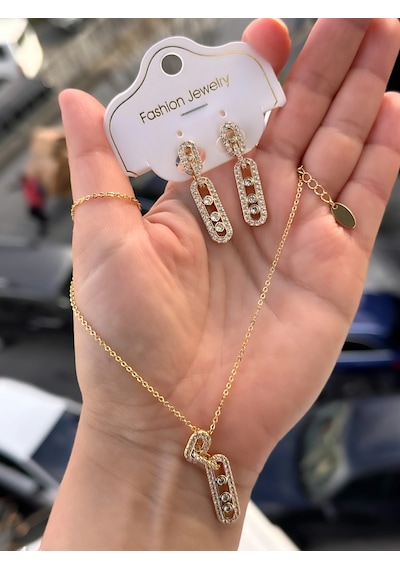 Sarı Çelik Kadın Küpe Ve Kolye Set Frjw10008a-b 2 Yıl Garantili Hediye Paketli