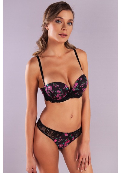Etiler Collection Golshan Gardenia Mini Slip, Kadın Dantelli Çiçek Baskılı Siyah Normal Bel Külot Çok Renkli