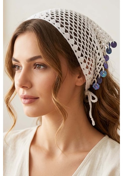% 100 El Örmesi Boncuklu Saç Bandanası Beyaz