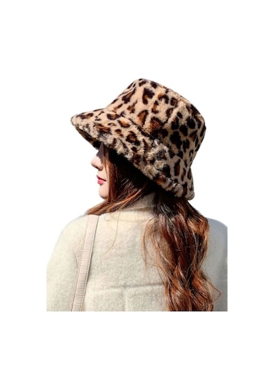 Mood Agenda Kadın Leopar Desenli Peluş Bucket Şapka Camel