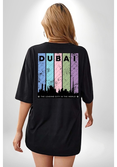 Dubai Şehir Silüeti Renkli Şehir Siyah Oversize Unisex Ön Ve Sırt Baskılı Tişört Siyah