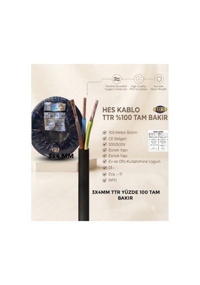 Hes Kablo 3x4mm Ttr Yüzde Yüz Tam Bakır Kalin Kablo 1 Metre  - 895550833