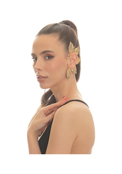 Kadın Altın Renk Lak Kaplama Zirkon Taşlı Yaprak Stilizesi Sol Kulak Earcuff&kıkırdak Küpe Çok Renkli