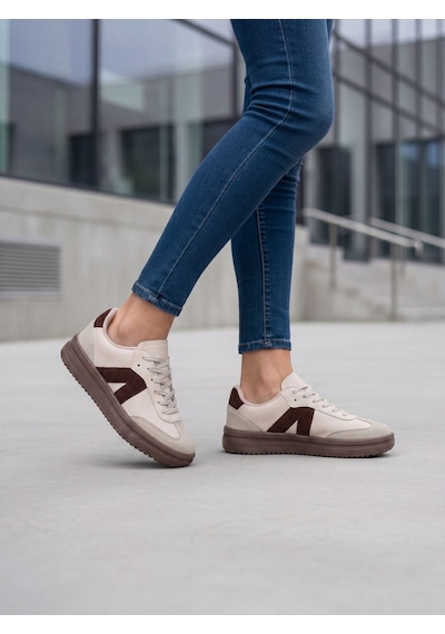 Kadın Sneaker Yüksek Taban Ortopedik Bağcıklı Spor Ayakkabı Retro Bej-011