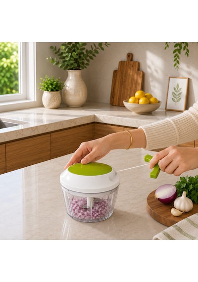 3 Bıçaklı Ipli Rondo Manuel Sebze Doğrayıcı Hazneli El Rondosu Pratik Mutfak Doğrayıcısı Sariva Home