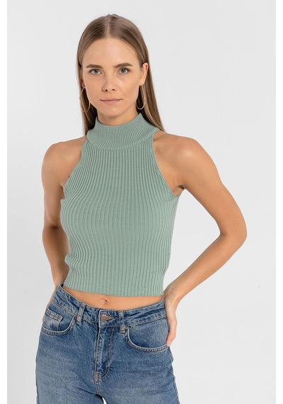 Miss Poem Kadın Kolsuz Slim Fit Boğazlı Fitilli Kısa Antrasit Triko Crop Yeşil