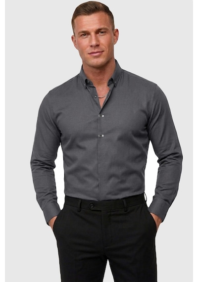 Deep Sea Deepsea Antrasit Slim Fit Likralı Kolay Ütülenebilir Gizli Düğmeli Erkek Gömlek 2602614