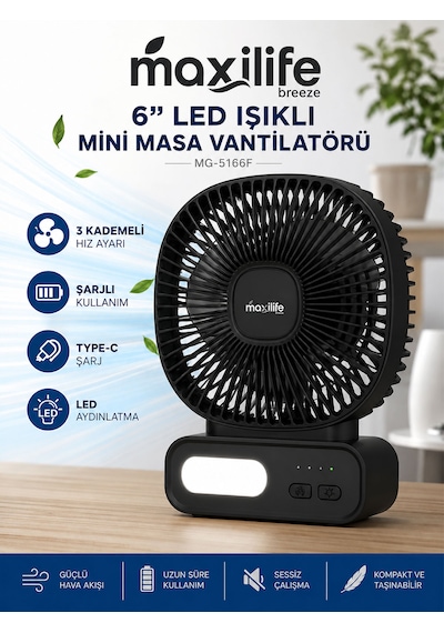 Breeze Mg-5166f 6 İnç Led Işıklı Şarjlı Mini Masa Vantilatörü 3 Kademeli Usb Type-c