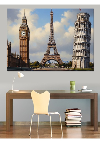 Ahşap Tablo Pisa Kulesi Eyfel Kulesi Ve Big Ben Kuleleri