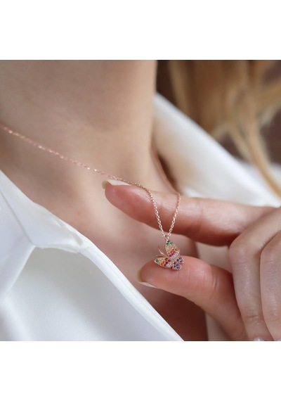 Mini Kelebek Renkli Zirkon Taşlı Rose Gold Kaplama Gümüş Kolye Gümüş