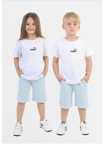 Unisex Çocuk Beyaz Logo Baskılı Tişört Ve Yeşil Çizgili Şort Yazlık İkili Takım Bebek Mavi
