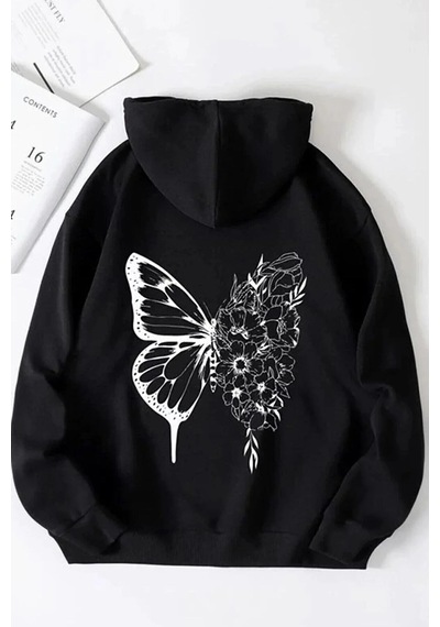 Startmore Kelebek Baskılı Kadın Oversize Sweatshirt Siyah