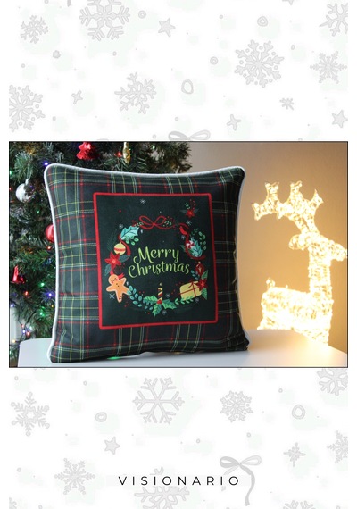 Kırlent Kılıfı Yılbaşı Temalı Merry Christmas 45x45 Raşel Örme Kadife Dijital Baskı Beyaz Biyeli Çok Renkli