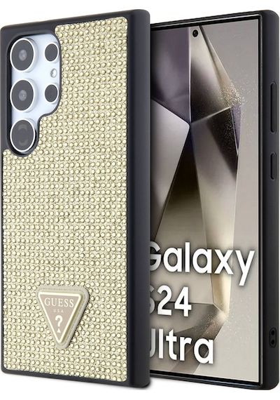 Galaxy S24 Ultra Uyumlu Kılıf Guess Lisanslı Taşlı Arka Yüzey Üçgen Logolu Kapak Pembe