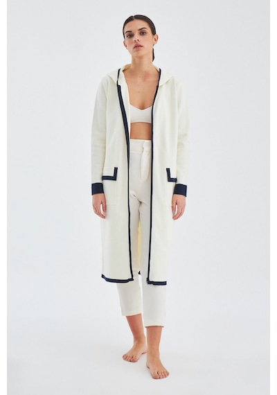 Peraluna Nara Long Cardigan %100 Pamuk Kapüşonlu Kadın Triko Hırka Ekru/lacivert-ekru/lacivert Ekru - Lacivert