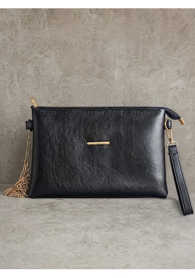Nealirsanall.com Kadın Zincir Askılı Portföy Çanta - Gold Detaylı Bilek Askılı Clutch Çanta Siyah
