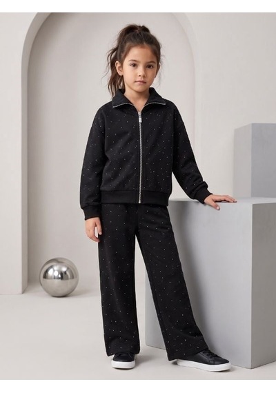 Zekids Kız Çocuk Siyah Taşlı Fermuarlı Geniş Paça Eşofman Takımı-17432