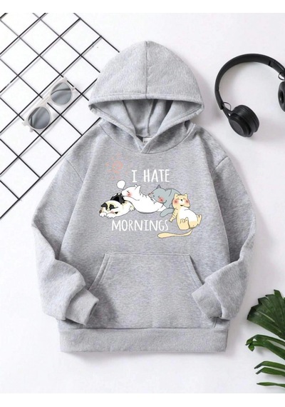 Moda Assema Çocuk Unisex Kapüşonlu Kedicik Baskılı Pamuklu Sweatshirt - Gri Çok Renkli