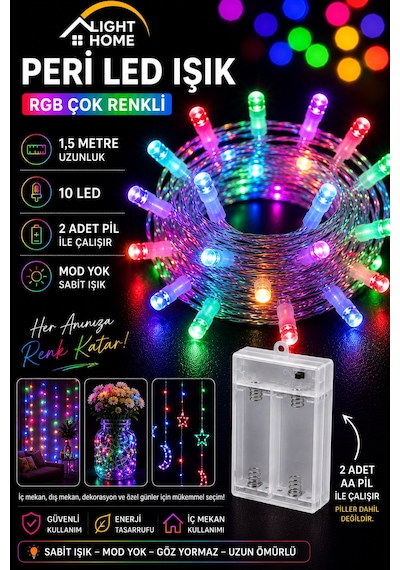 Kablolu Led Işık Zinciri Renkli Rgb Dekoratif Led Aydınlatma Oda Duvar Yatak Odası Parti Yılbaşı Süsü 1,5 Metre 10 Led Çok Renkli