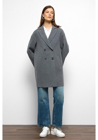 Olcay Desenli Astarlı Oversize Kruvaze Kaban Gri 3095