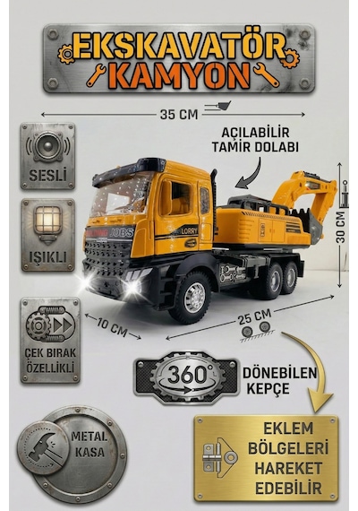 Metal Kasa Sesli Işıklı Ekskavatör Kamyon 35 Cm - 360 Derece Dönen Kepçeli Çek Bırak İş Makinesi