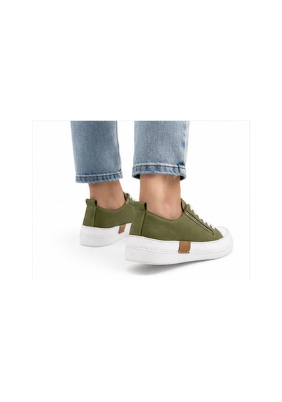 N Napa Shoe Np.8260f.avakado Deri Napa Shoe Hakiki Deri Kadın Sneaker Haki / Beyaz Yan Fermuarlı Comfort Günlük Ayakkabı
