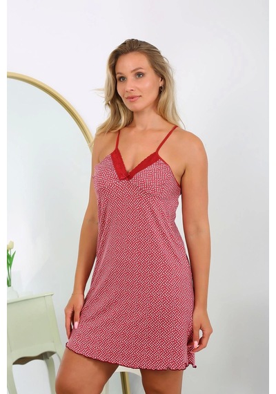 Moda Çizgi Kadın Pamuk Büyük Beden İp Askılı Desenli Gecelik 999 Bordo