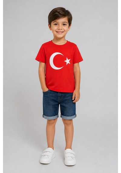 Eray Alp Kids Unisex Çocuk Kırmızı Türk Bayrağı Baskılı Tişört Yazlık Günlük Model