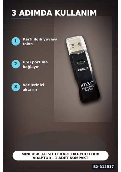Mini Usb 3.0 Sd Tf Kart Okuyucu Hub Adaptör - 1 Adet Kompakt Veri Aktarıcı Pc Tablet İçin Bx-313517 Çok Renkli
