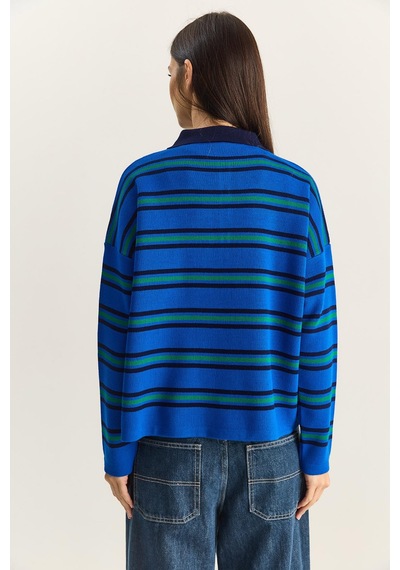 Shade Polo Yaka Çizgili Basic Triko Kazak 20258061 - Saks