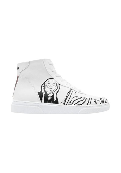 Kadın Vegan Deri Beyaz High Sneakers - Edvard Munch The Scream Muse Tasarım Çok Renkli