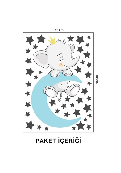 Artikel Ayda Uyuyan Sevimli Fil ve Yıldızlar Çocuk Odası Duvar Sticker 50 x 70 Cm