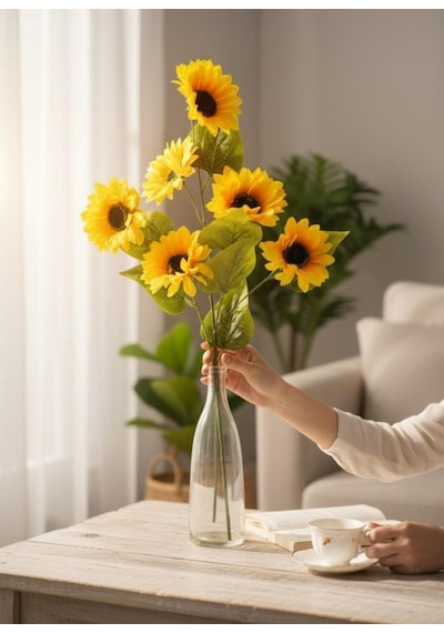 Yapay Çiçek Ayçiçeği Sarı Sunflower Dekoratif Çiçek 75cm 6 K80afalı Sarı