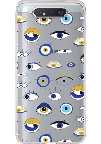 Samsung Galaxy A80 İle Uyumlu 1mm Slim Fit Nazar Boncuğu 2 Baskılı Şeffaf Kılıf Şeffaf