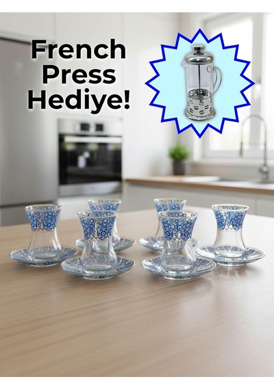 Topkapı 6 Kişilik Çay Seti, French Press Hediyeli, 9 Farklı Osmanlı Desenli Çay Bardağı Takımı 6, Topkapı Bon Diğer