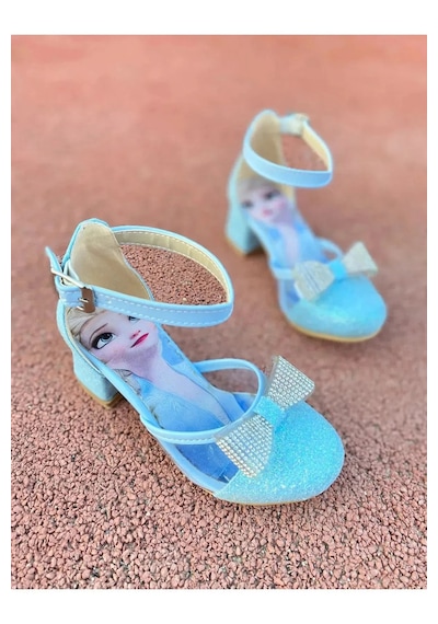 Nese Shoes Fiyonklu Simli Prenses Baskılı Kız Çocuk Topuklu Ayakkabı, Abiye Ayakkabı Mavi