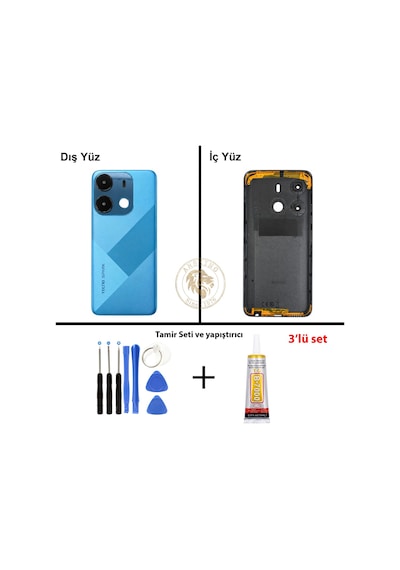 Tecno Spark Go 2021 Mavi Uyumlu Lensli Arka Kapak + Yapıştırıcı Ve Vida Seti Arka Cam Lazer Kesim Diğer