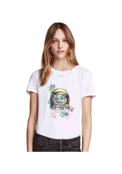 Cattronot Cat Astronot Baskılı Beyaz Kadın Tshirt