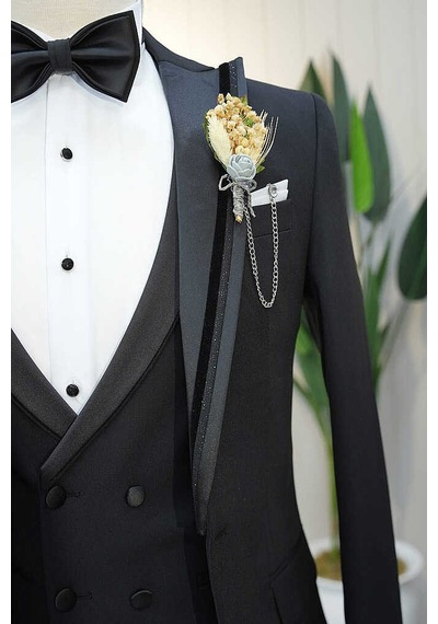 Bys Beystil Erkek Siyah Slimfit Yelekli Damatlık & Smokin 76016