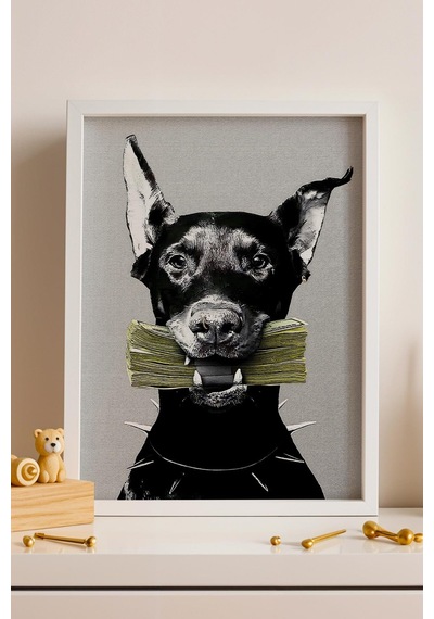 Dolar Tutan Doberman Köpek Çerçeveli Tablo Finans Para Temalı Ofis Dekoru Modifiye Sanat