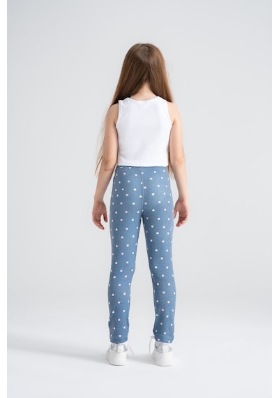 Rahat Giyilen Kız Çocuk Taytı Kalp Desenli Mavi Denim Mavi